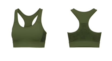 Olive green sports bra showcasing front and back views, ideal for fitness enthusiasts, with a simple, minimalist design