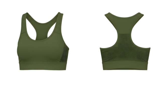 Olive green sports bra showcasing front and back views, ideal for fitness enthusiasts, with a simple, minimalist design