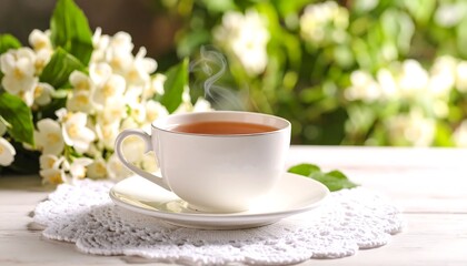 White teacup, steaming tea, jasmine flowers