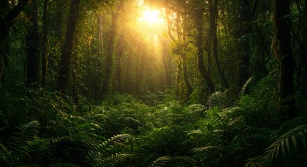 Fototapeta premium Sunbeams in Lush Green Forest