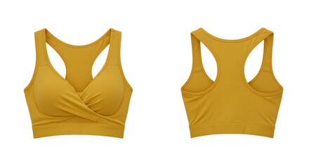 Stylish mustard yellow sports bra showcasing front and back design, ideal for fitness enthusiasts and activewear promotion