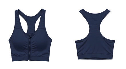 Stylish navy sports bra featuring a zip front and racerback design, ideal for workouts with a minimalist aesthetic