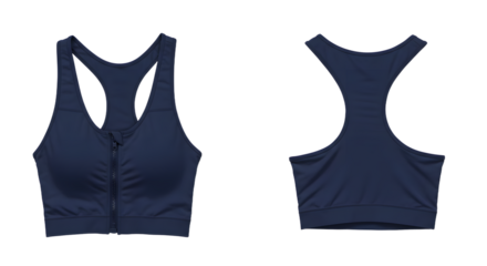Stylish navy sports bra featuring a zip front and racerback design, ideal for workouts with a minimalist aesthetic