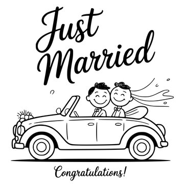 Wedding invitation. Vector illustration, postcard - bride and groom in car