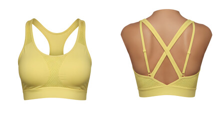 Yellow sports bra featuring a stylish cross-back design, ideal for activewear, showcased against a plain background