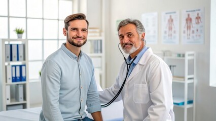 Doctors and nurses are talking with smiling senior patients in a medical office, focusing on health and care