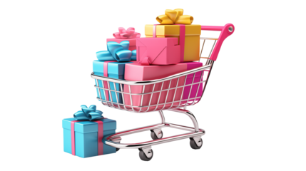 A shopping cart filled with colorful gift boxes on a black background image