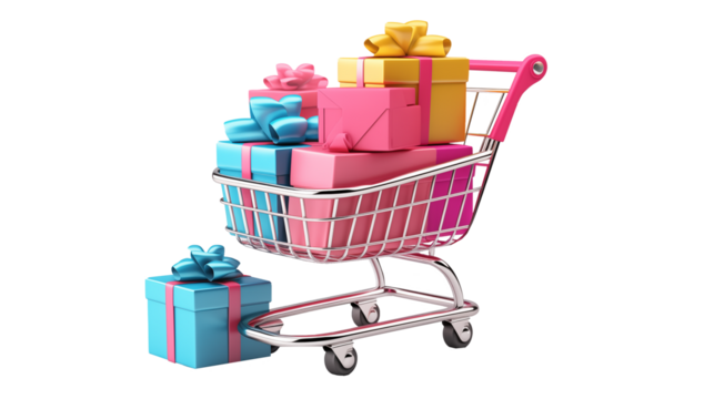 A shopping cart filled with colorful gift boxes on a black background image
