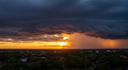 Fototapeta premium Dramatic Sunset with Storm Clouds Over Suburban Cityscape