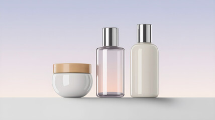 A sleek set of cosmetic products—a cream jar, spray bottle, and lotion bottle—elegantly displayed against a soft, gradient pastel background, ideal for beauty branding