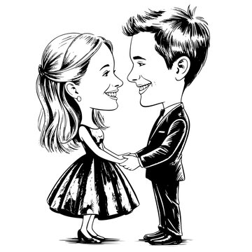 Romantic Caricature: A charming caricature captures a loving couple sharing a moment of tenderness, holding hands and gazing into each other's eyes. It's a celebration of togetherness.