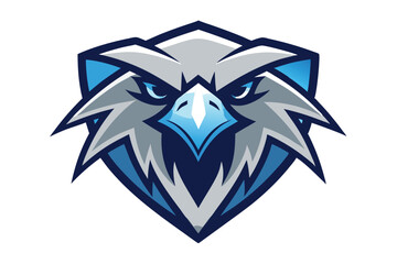 Fierce falcon head with sharp blue eyes displayed on a shield appears striking