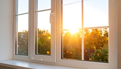 Obraz premium White window with golden sunset view