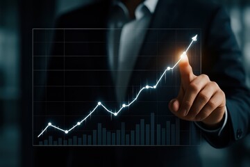 Businessman touching upward trending graph with glowing arrow and bar chart on dark background