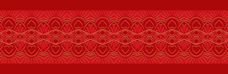 Fototapeta premium Banner, cover design, wallpaper, fresco. Geometric ethnic pattern with handmade hearts on a red background, embossing, 3D. Ornaments, arabesques, mandala, painting of the East, Asia, India, Mexico.
