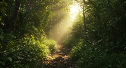Fototapeta premium Sunlit Path Through Lush Green Forest