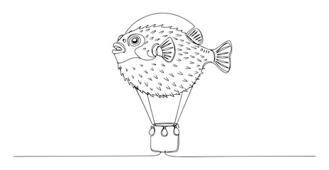 continuous one line drawing of a surreal pufferfish as a hot air balloon