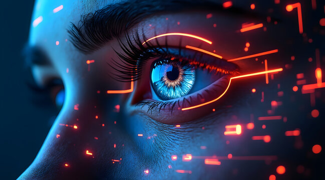 Cybernetic eye with glowing blue iris and red digital scanning elements on human face, futuristic technology concept