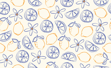 Whimsical hand drawn italian lemon seamless pattern. Blue, yellow summer print. Italy citrus floral sketch. Fruit background for wedding, packaging, fabric, wrapping paper. Trendy vector illustration.