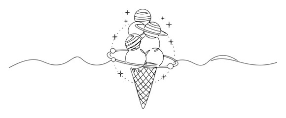 planet ice cream cone, surreal space dessert vector illustration