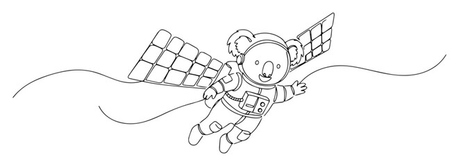 koala astronaut flying with solar panel wings, cute cartoon line art vector