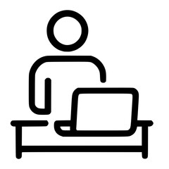 Naklejka premium Simple Outline Man Working on Laptop at Desk Icon