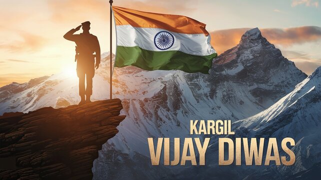 Indian Soldier Saluting on Mountain with National Flag – Kargil Vijay Diwas Poster