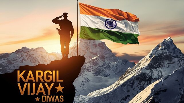 Indian Soldier Saluting on Mountain with National Flag – Kargil Vijay Diwas Poster - Powered by Adobe