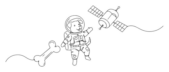 dog astronaut floating in space line drawing