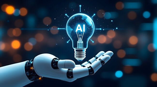 Artificial intelligence concept with robot hand holding glowing light bulb and digital technology background