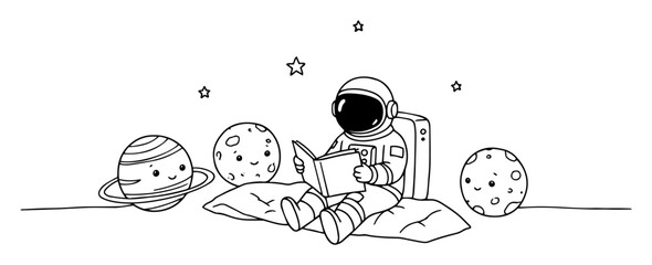 astronaut reading book with cute planets continuous one line drawing