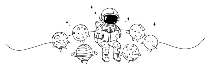 astronaut reading book to cute planets continuous one line drawing © Wieslaw