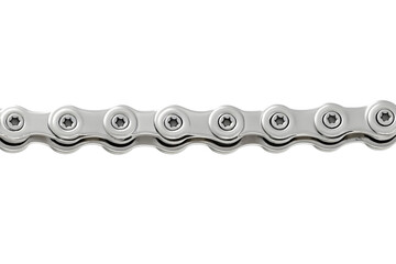 Close-up view of a shiny, metallic bicycle chain, showing its links and rivets.