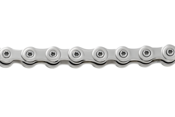 Close-up view of a shiny, metallic bicycle chain, showing its links and rivets.