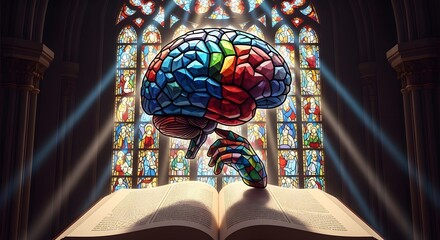 Colorful Mosaic Brain & Hand on Open Book in a Church with Stained Glass Windows & Light Rays: Symbolizing the Harmony and Interplay of Knowledge, Faith, Mind, and Spirituality in a Sacred Setting