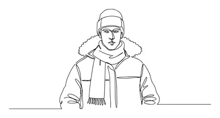 portrait of man in winter clothes continuous one line drawing