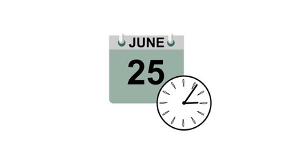 June month 25 date calendar icon clock black color 4k illustration. 