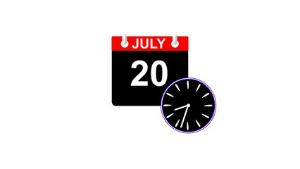 July month 20 date calendar icon clock white color 4k illustration. 