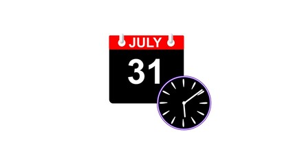 July month 31 date calendar icon clock white color 4k illustration. 