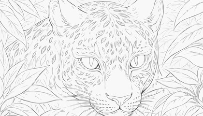Fototapeta premium Leopard coloring page featuring a detailed close-up of a leopard hidden among tropical foliage 
