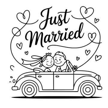 just married couple smiling in wedding car with love and joy