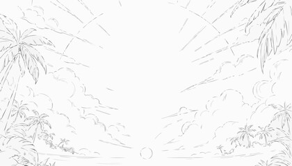Tropical sunset landscape sketch, tranquil scene, black and white coloring page
