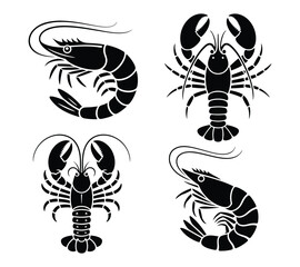 Obraz premium Lobster and Shrimp Icon Set, Vector Seafood Silhouettes for Restaurant Menu | 10 EPS Prawn