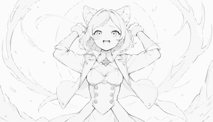 Dynamic fantasy girl character with cat ears, action pose, black and white anime sketch