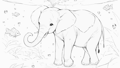 Obraz premium Playful elephant in a whimsical underwater scene, charming wildlife illustration, black and white coloring page 