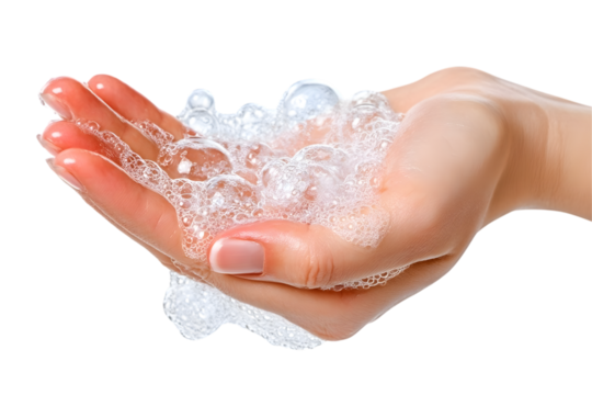 A hand holds a pile of clear, soapy bubbles against a clean, white background.