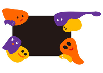  ハロウィン配色のフレーム・黒背景、カラフルなおばけたち