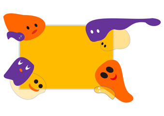  ハロウィン配色のフレーム・黄色背景、カラフルなおばけたち