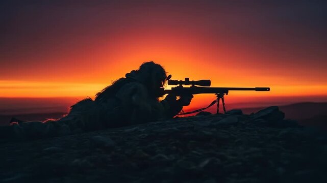 Sniper Silhouette at Sunset - The silhouette of a sniper, lying prone and aiming a rifle, is captured against a vibrant sunset backdrop.