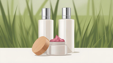 
A natural beauty product display featuring two sleek bottles and an open jar with pink cream, set against a verdant, grassy backdrop for an organic feel